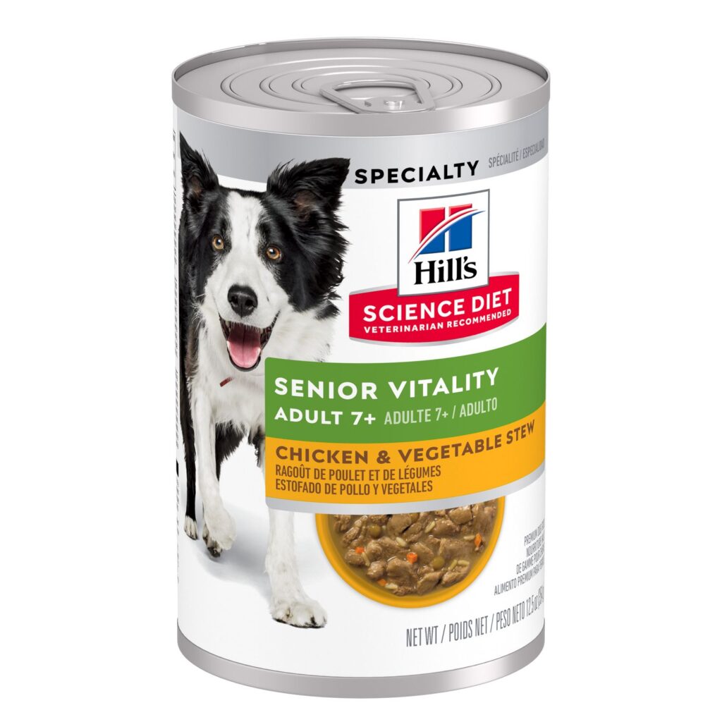 Hill’s Science Diet Senior Wet Dog Food can featuring Senior Vitality Chicken & Vegetable Stew for dogs 7+ years old