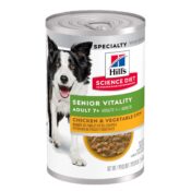 Hill’s Science Diet Senior Wet Dog Food can featuring Senior Vitality Chicken & Vegetable Stew for dogs 7+ years old