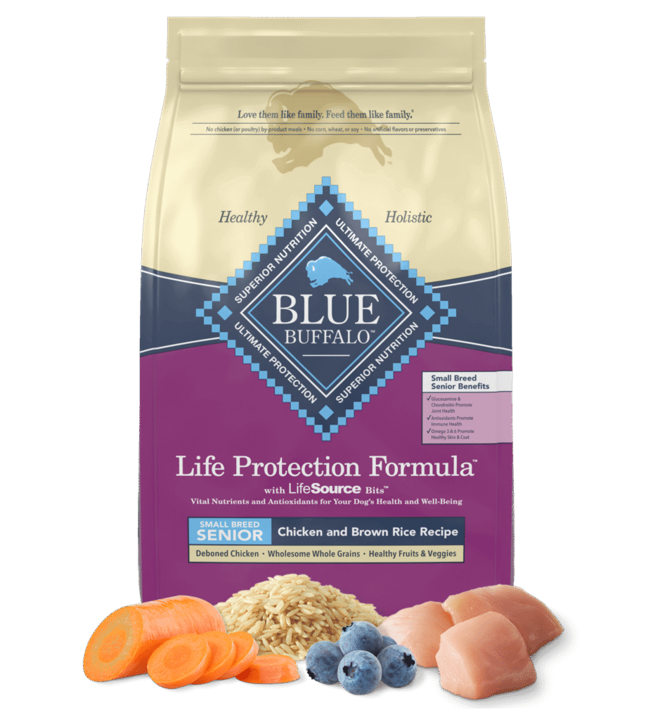 Blue Buffalo Life Protection Formula for senior small breed dogs, featuring chicken and brown rice recipe with glucosamine, antioxidants, and omega-3 & 6 for joint and immune health