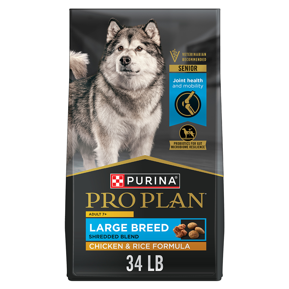 Purina Pro Plan Large Breed Senior dog food bag featuring chicken and rice formula for dogs 7+ years old with joint health and mobility support