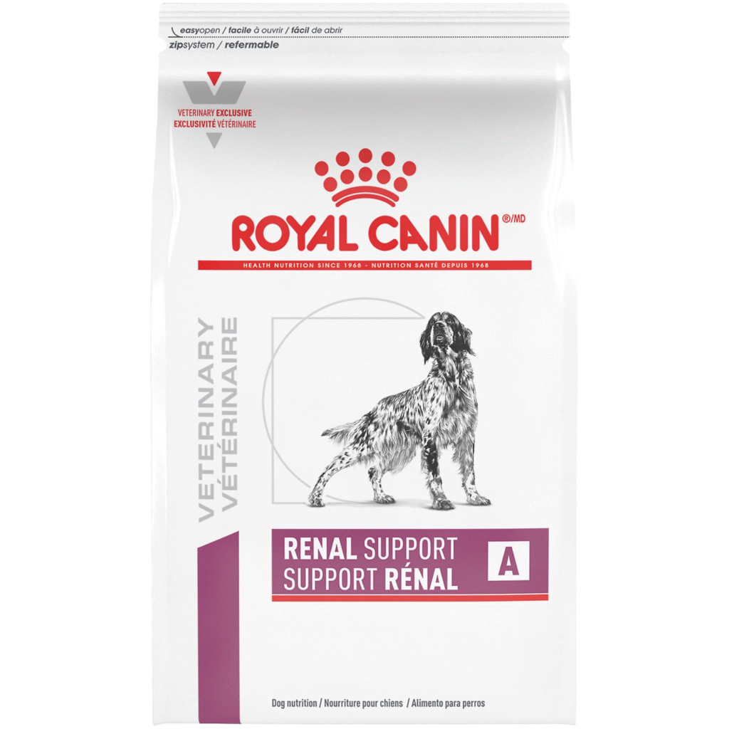 Royal Canin Veterinary Diet Renal Support dog food bag for senior dogs with kidney health issues, featuring reduced phosphorus and veterinary-exclusive formula