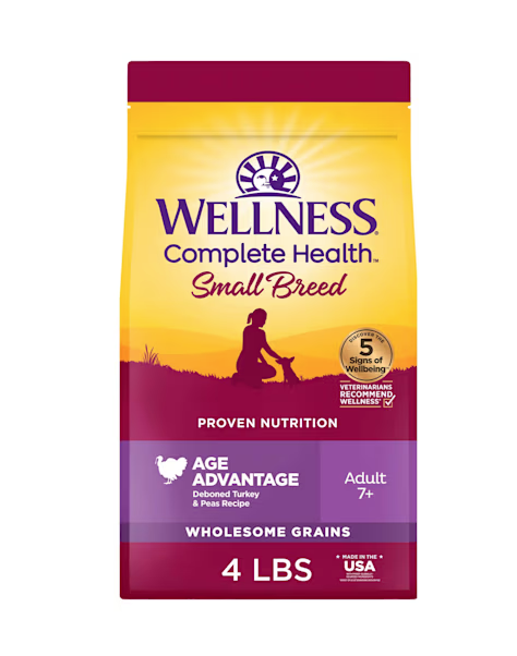 Wellness Small Breed Senior dog food bag featuring Age Advantage formula with deboned turkey and peas for small dogs 7+ years old